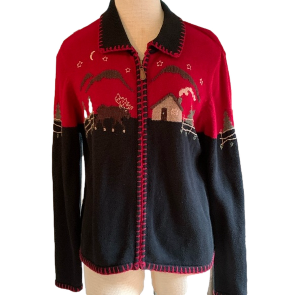 Christopher & Banks sz M hand embroidered moose and cabin cardigan sweater